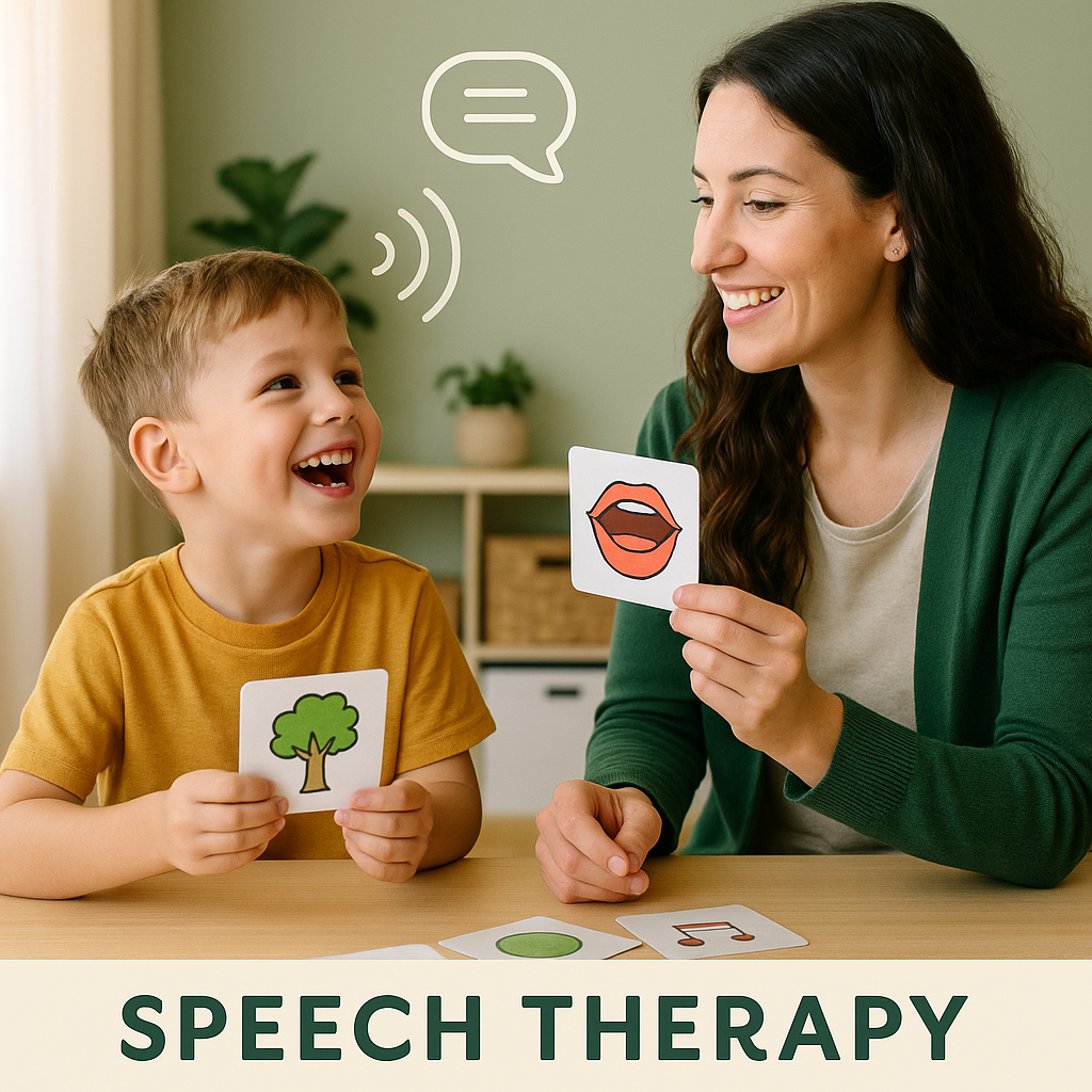Speech therapist working with a smiling child using picture cards